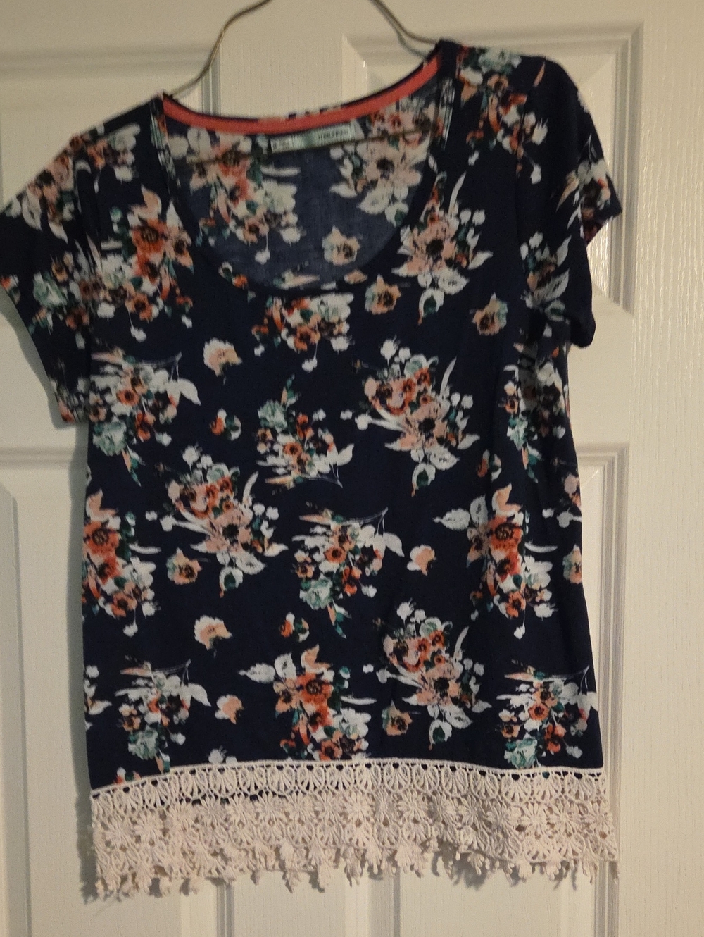 Maurices Navy Floral Short Sleeve Top with Cream Crochet Hem